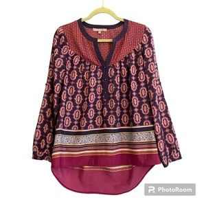 NWOT Daniel Rainn Navy Paisley Hi Lo Roll Tab Sleeves Boho Peasant Blouse Sz S